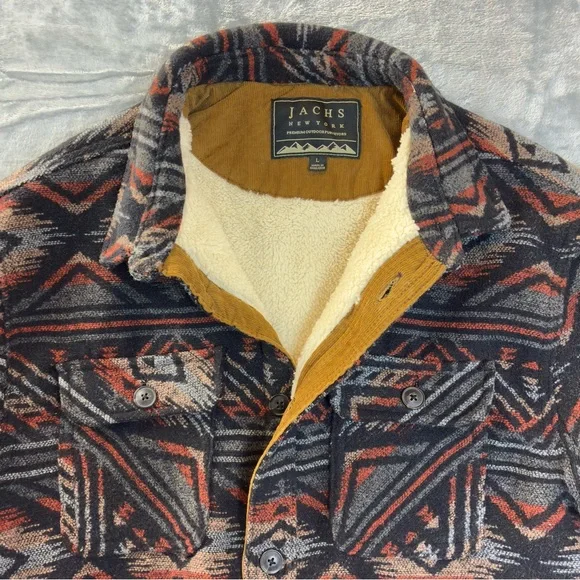 Jachs Sherpa Lined Aztec Jacket Size Large Wool Faux Fur Warm Shacket Southwest - Picture 1 of 16